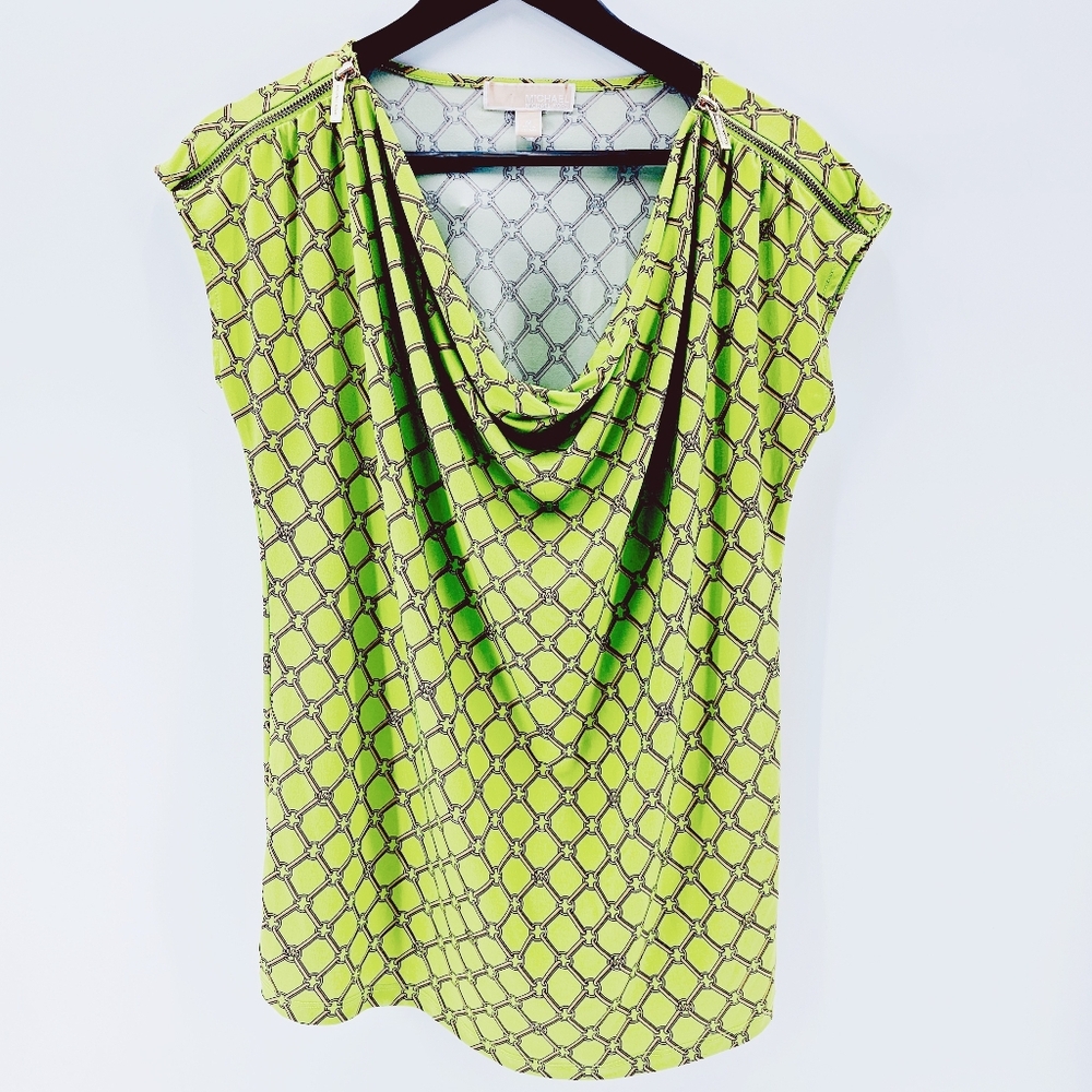 Michael Michael Kors Women's Medium Green Chain Print Scoop/Draped Neck Blouse